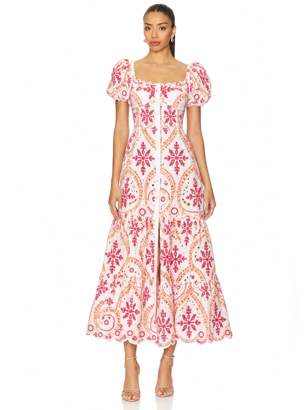 Charo Ruiz Pink & Cream Embroidered Puff-Sleeve Midi Dress
